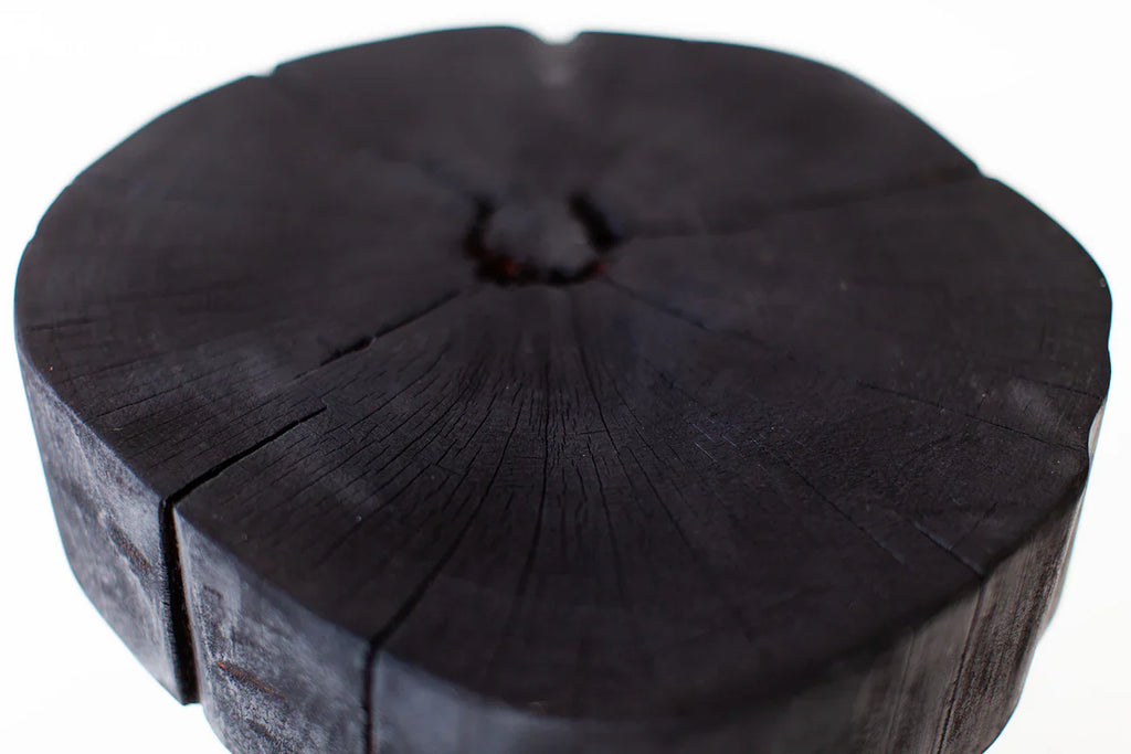 Charred Black Wood Side Table – Sculptural Solid Wood Accent Stool