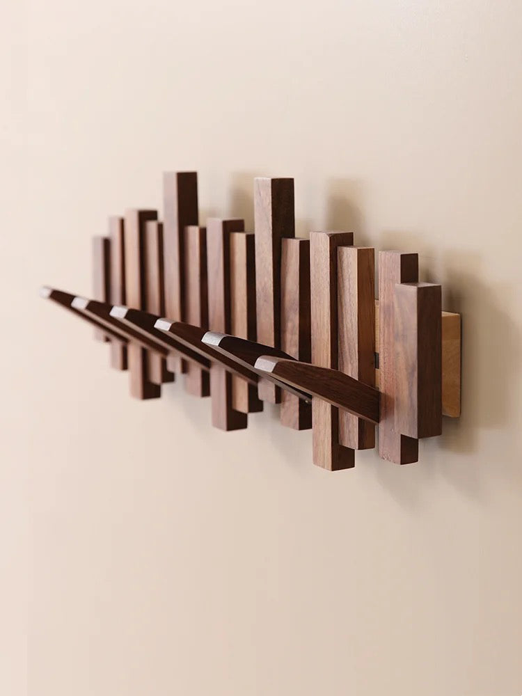 Modern Wooden Wall Hook Rack – Space-Saving Folding Coat Rack with Hidden Hooks – Stylish Walnut Wood Floating Wall Organizer