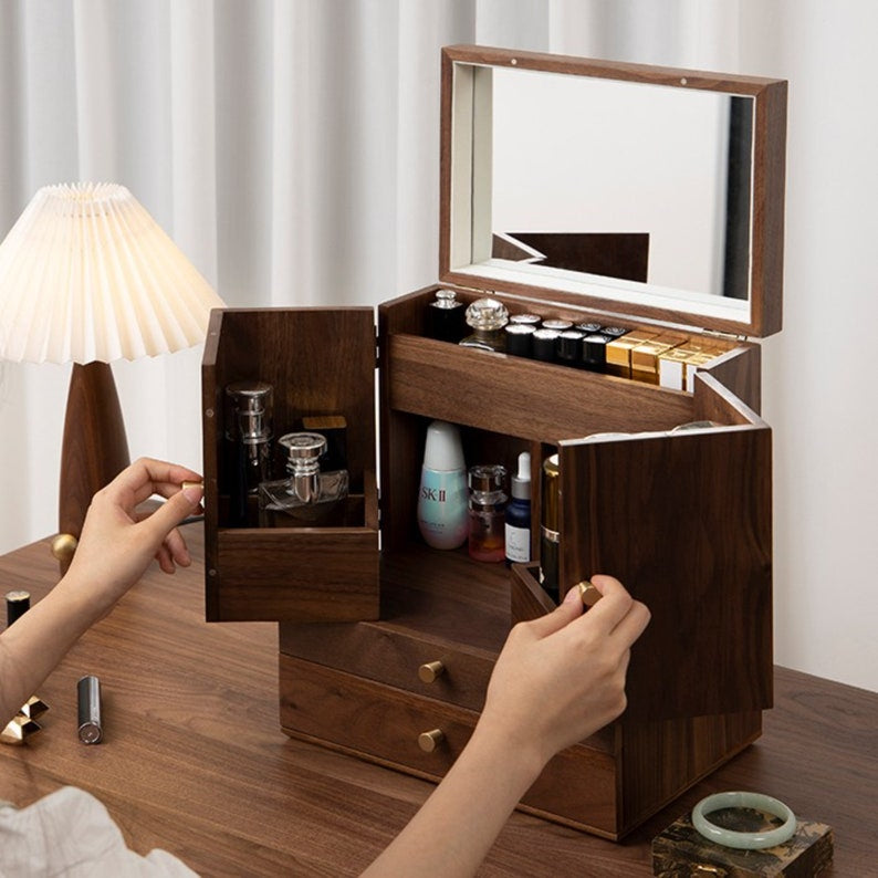 Luxury Solid Walnut Makeup Organizer Box with Drawers and Mirror – Elegant Vanity Storage Cabinet for Jewelry, Cosmetics & Beauty Essentials