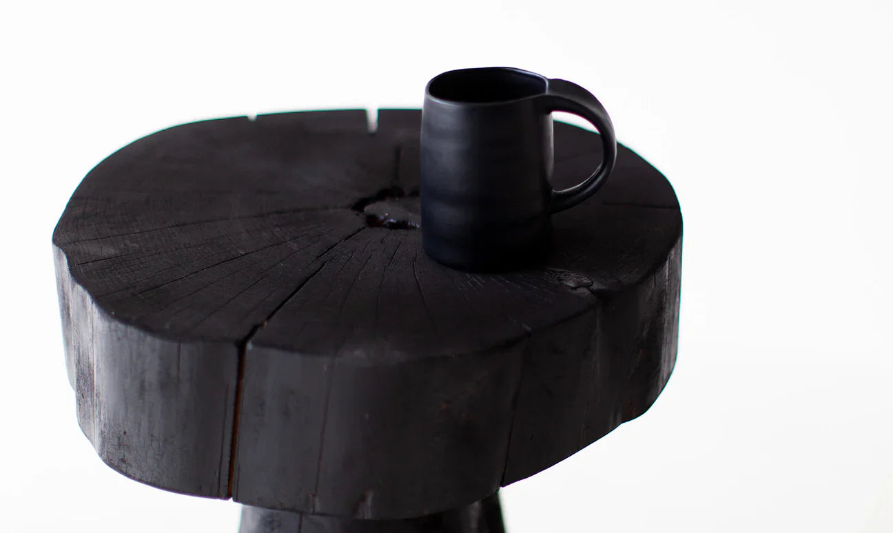 Charred Black Wood Side Table – Sculptural Solid Wood Accent Stool