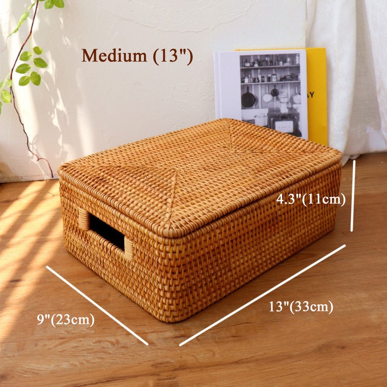 Handmade Woven Rattan Basket with Lid – Multi-Size Storage Box for Bathroom, Closet, or Living Room