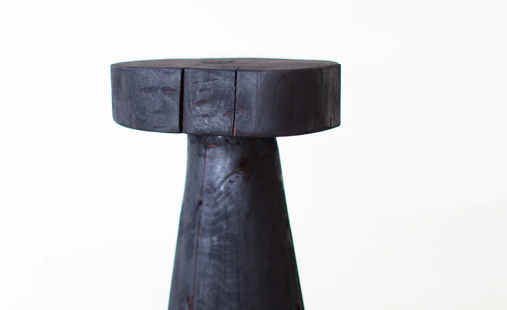 Charred Black Wood Side Table – Sculptural Solid Wood Accent Stool