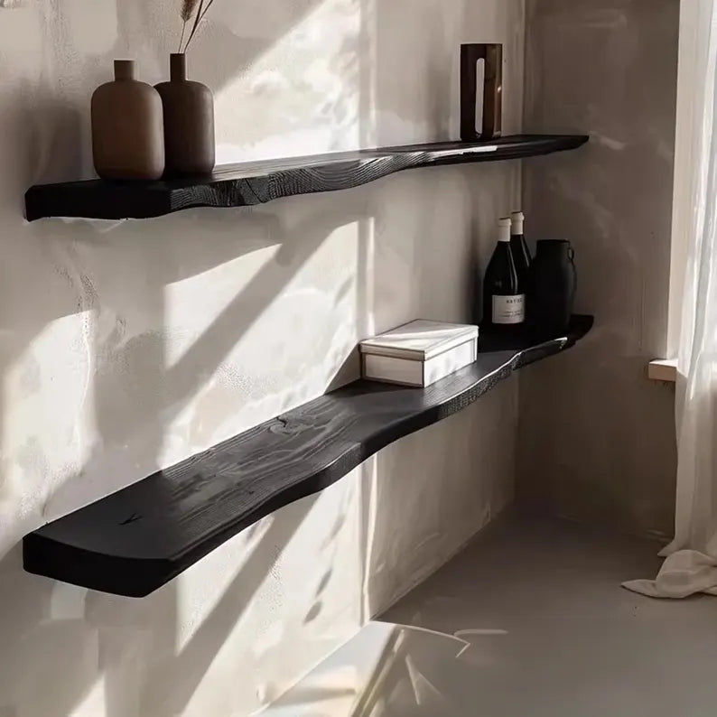 Charcoaled Live Edge Floating Wood Shelf – Rustic Natural Solid Wood Wall Shelf