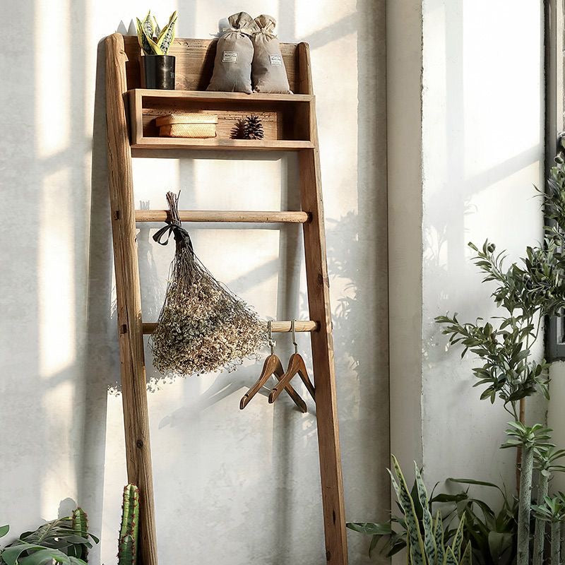 Rustic Wooden Ladder Shelf with Hanging Rack