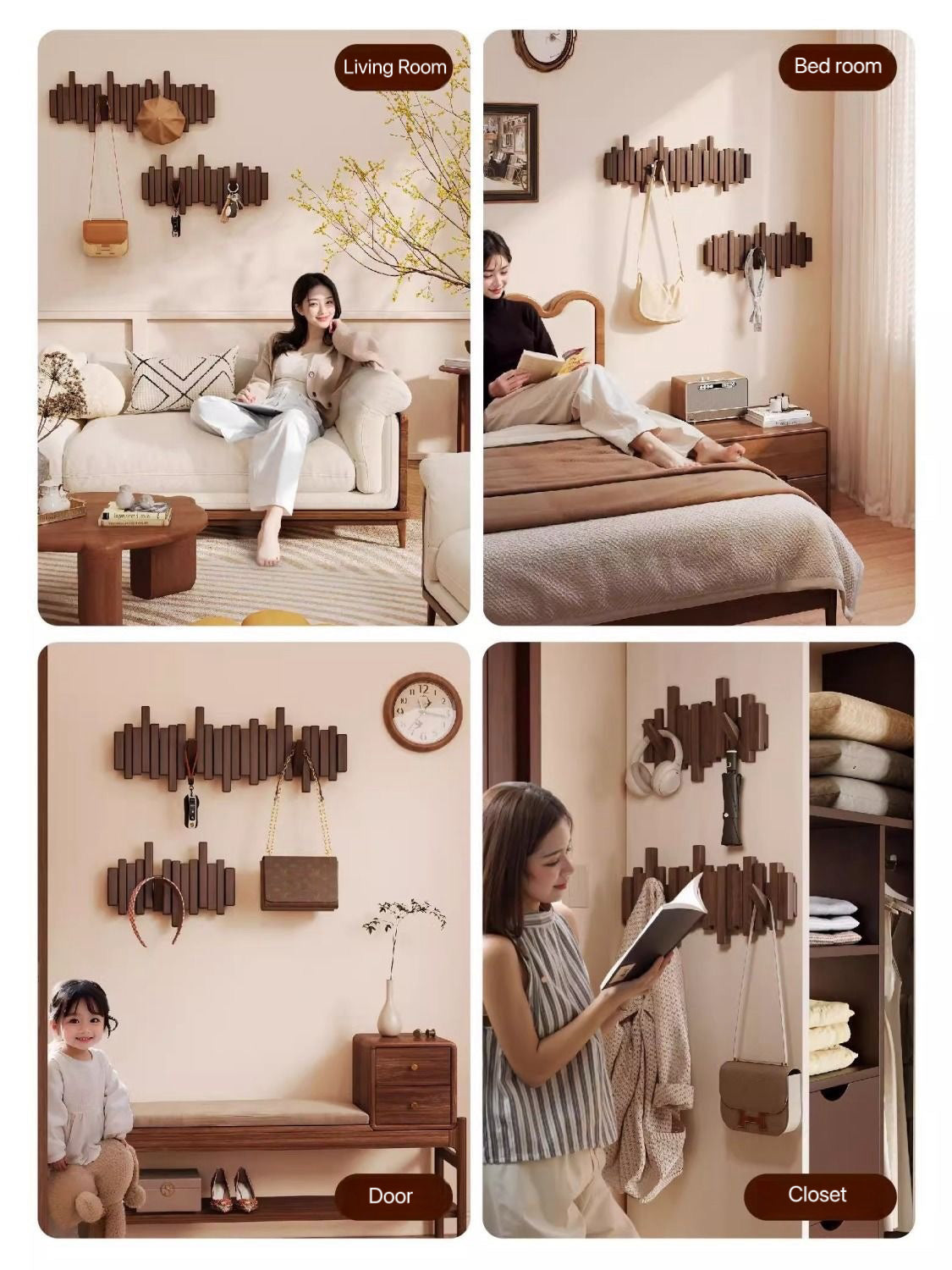 Modern Wooden Wall Hook Rack – Space-Saving Folding Coat Rack with Hidden Hooks – Stylish Walnut Wood Floating Wall Organizer