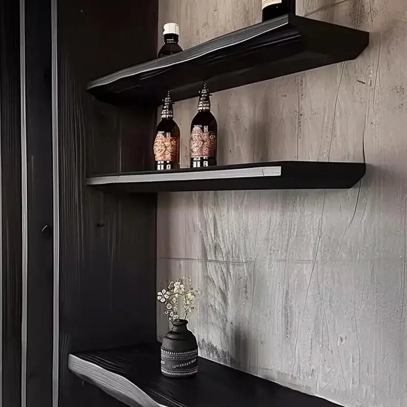 Charcoaled Live Edge Floating Wood Shelf – Rustic Natural Solid Wood Wall Shelf