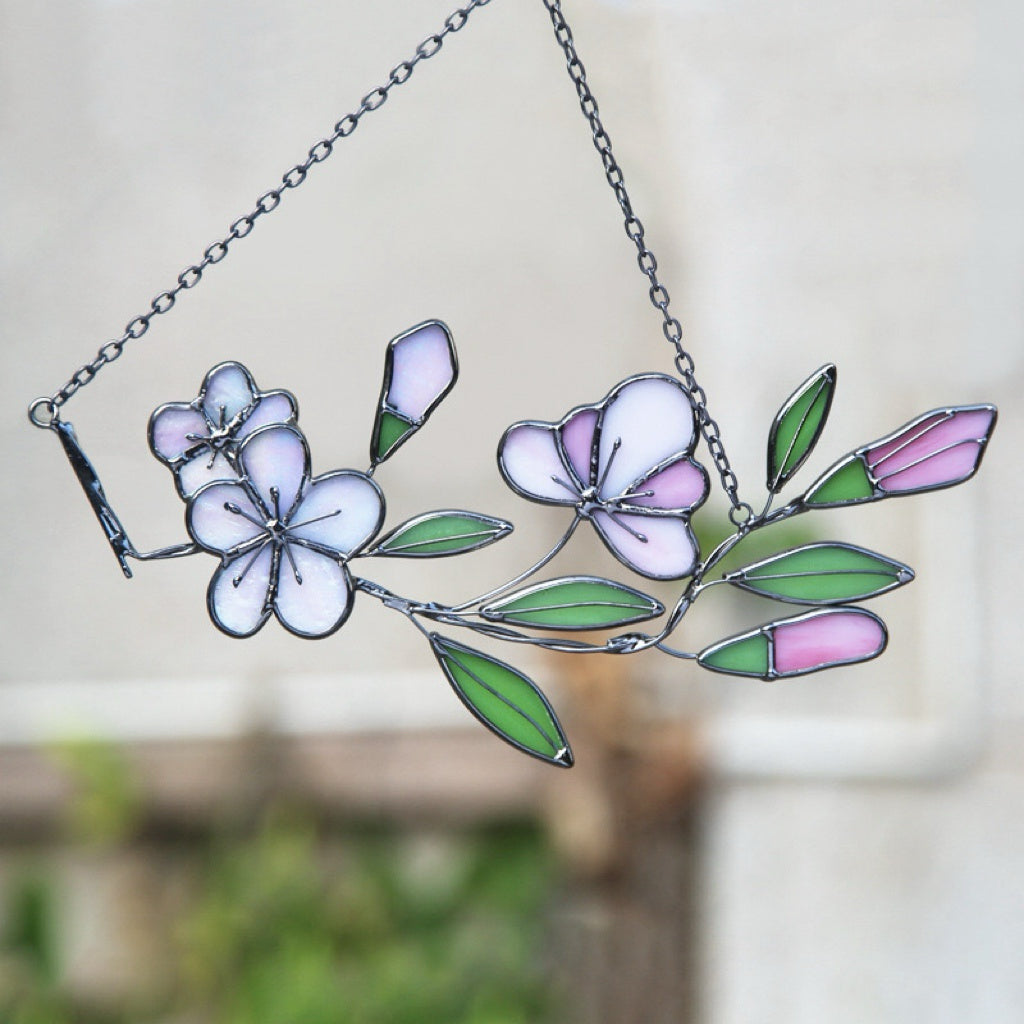 Handcrafted Stained Glass Flower Hanging | Iridescent Cherry Blossom Suncatcher with Silver/Black Frame