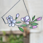 Handcrafted Stained Glass Flower Hanging | Iridescent Cherry Blossom Suncatcher with Silver/Black Frame