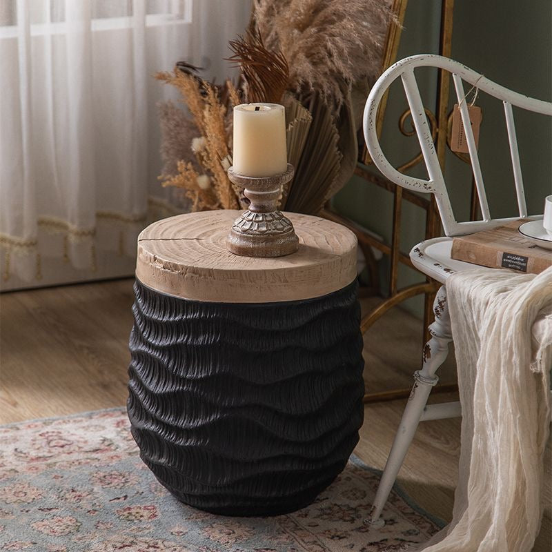 Textured Solid Wood Side Table – Natural Top & Sculpted Base