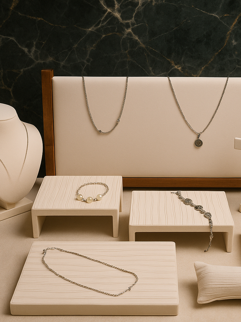 Elegant Multi-Tier Jewelry Display Riser – Textured White Velvet Podium Set for Rings, Earrings & Accessories