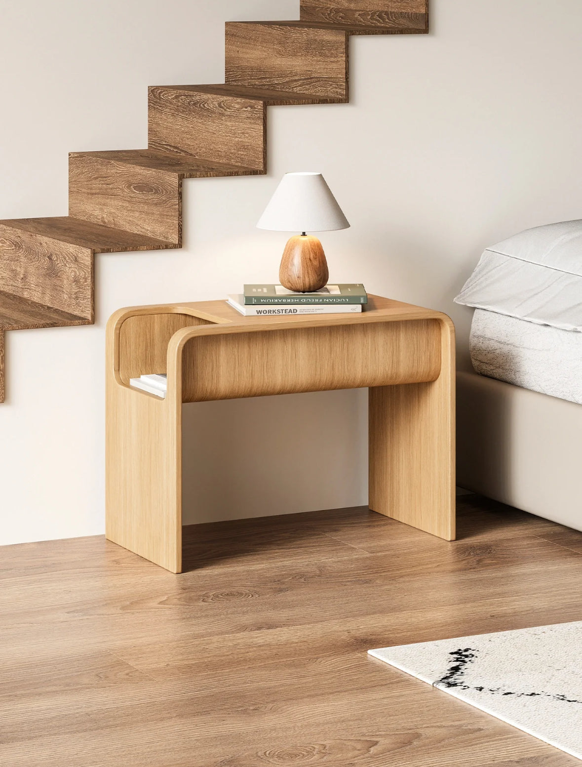 C-Shaped Convertible Wood Side Table With Storage