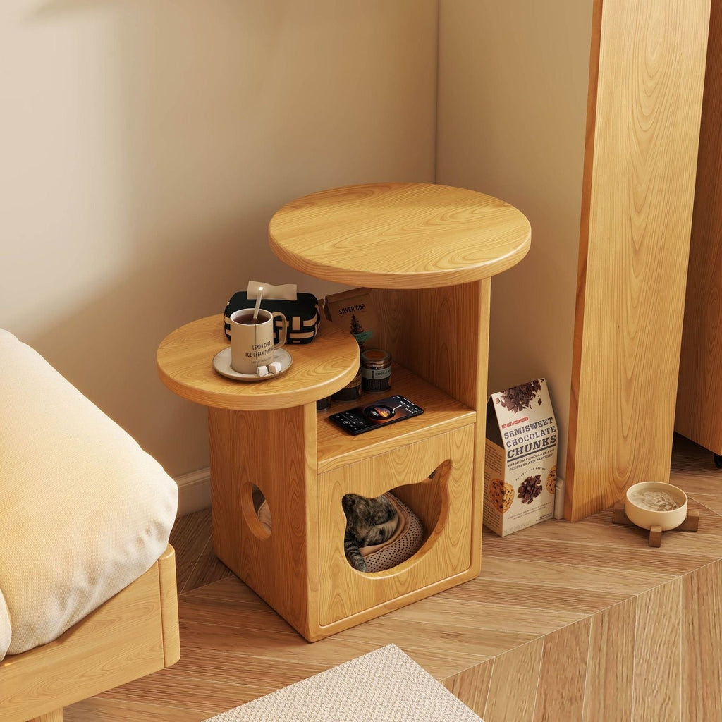 Multi-Level Wooden Side Table with Built-In Cat House – Stylish and Functional Pet-Friendly Furniture