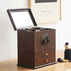 Luxury Solid Walnut Makeup Organizer Box with Drawers and Mirror – Elegant Vanity Storage Cabinet for Jewelry, Cosmetics & Beauty Essentials