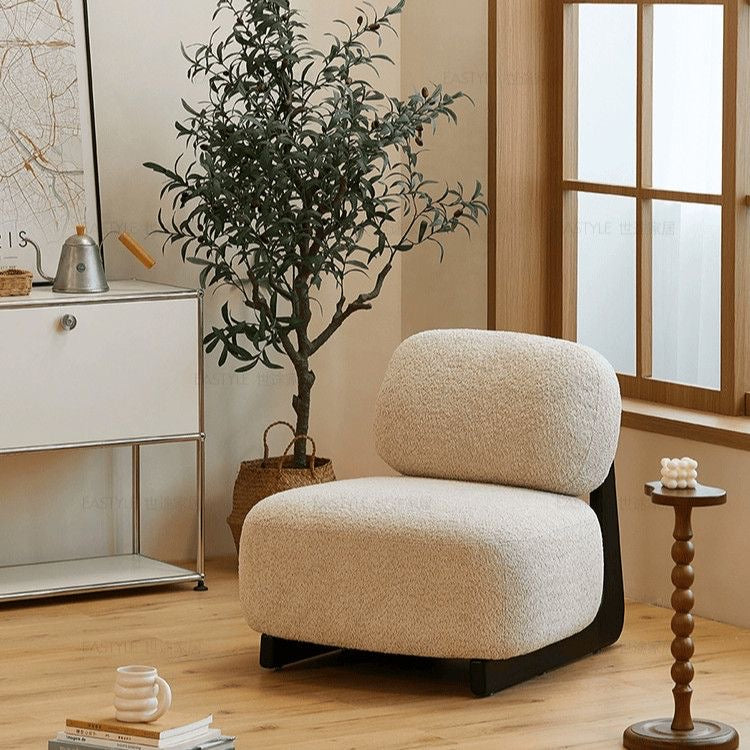 Modern Bouclé Lounge Chair – Plush Upholstered Accent Chair with Wood Base & Pillow for Living Room or Bedroom