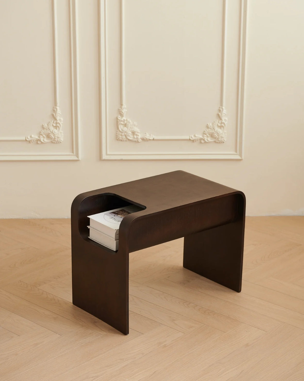 C-Shaped Convertible Wood Side Table With Storage