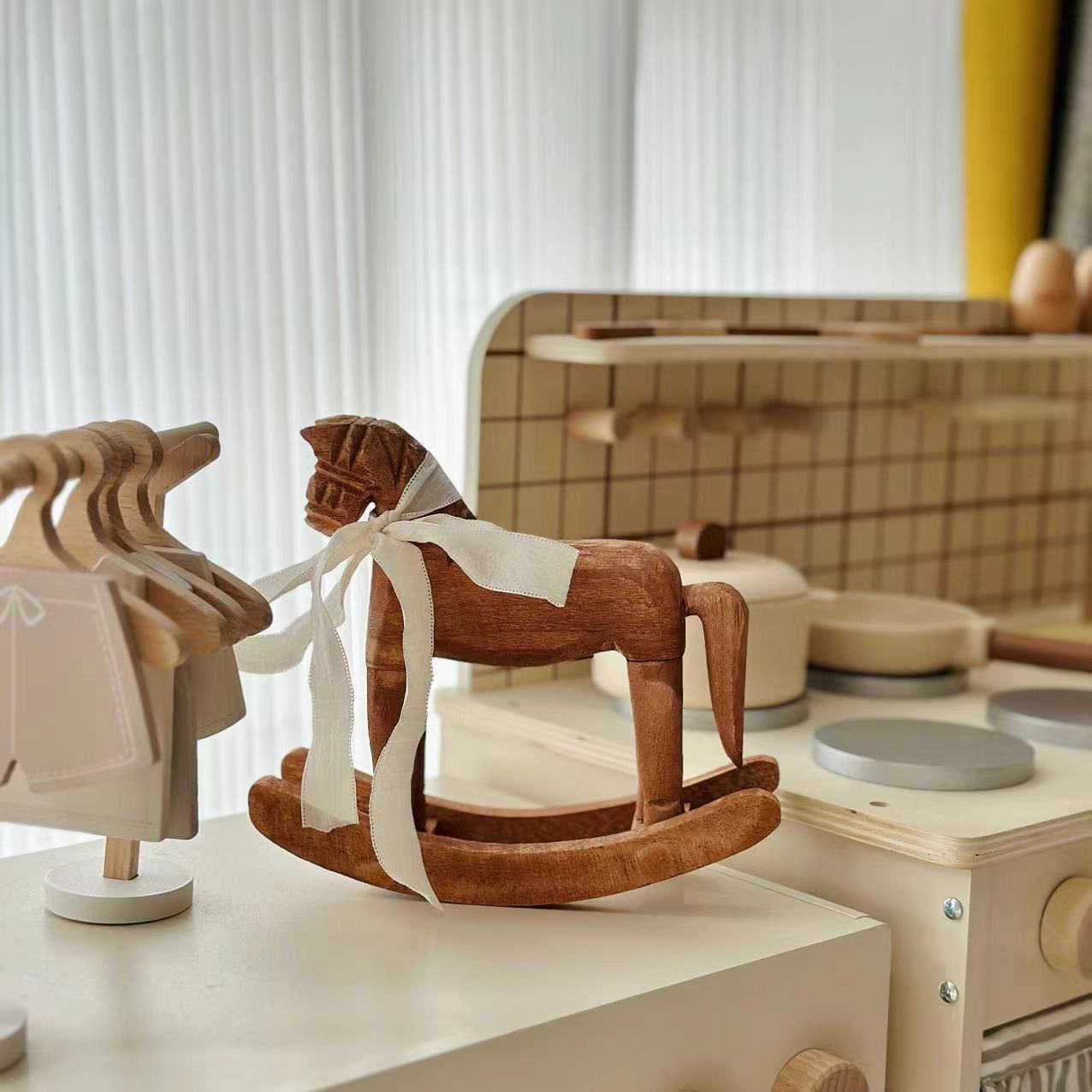 Vintage Wooden Rocking Horse Décor – Rustic Accent Piece with Ribbon