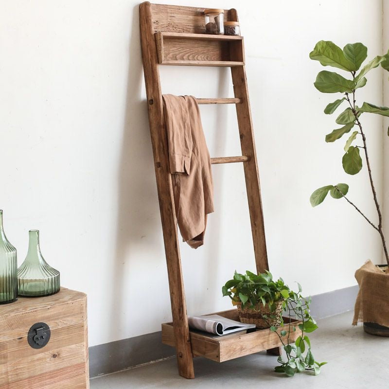 Rustic Wooden Ladder Shelf with Hanging Rack