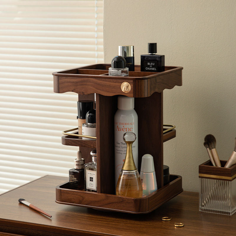 Vintage 360° Rotating Wooden Makeup Organizer – Elegant Vanity Storage with Carved Accents