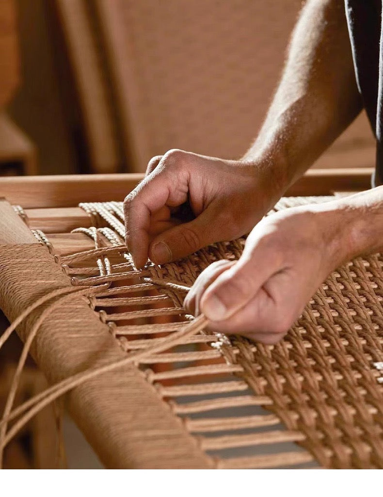 Handwoven Rope Front Wooden Nightstand – Mid-Century Natural Solid Wood Bedside Table