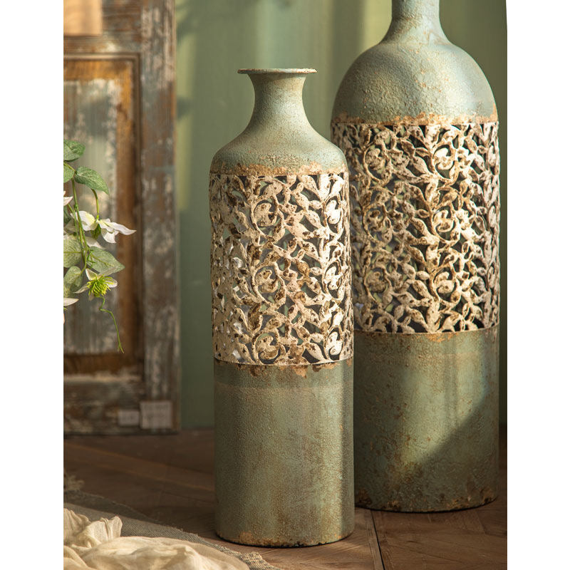 Antique-Inspired Tall Decorative Vases – Ornate Carved Metal Floor Vessels for Vintage French Country Home Decor