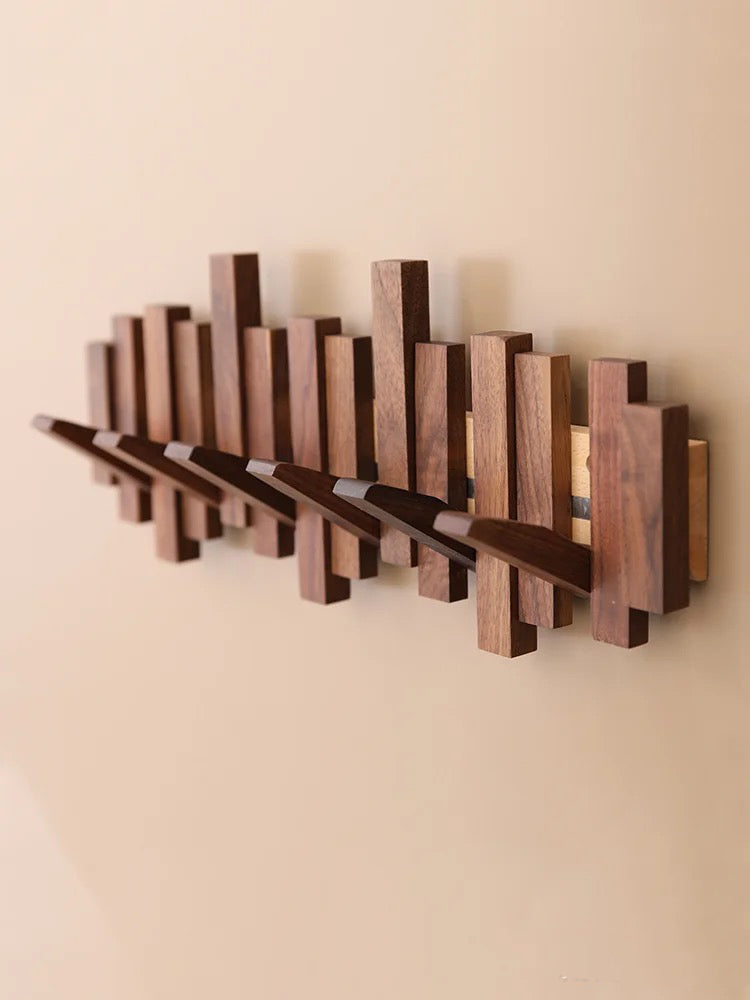 Modern Wooden Wall Hook Rack – Space-Saving Folding Coat Rack with Hidden Hooks – Stylish Walnut Wood Floating Wall Organizer