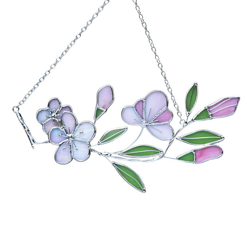 Handcrafted Stained Glass Flower Hanging | Iridescent Cherry Blossom Suncatcher with Silver/Black Frame