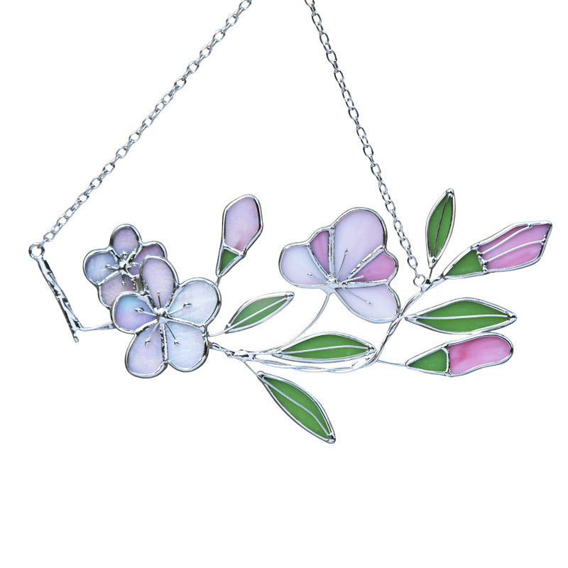 Handcrafted Stained Glass Flower Hanging | Iridescent Cherry Blossom Suncatcher with Silver/Black Frame