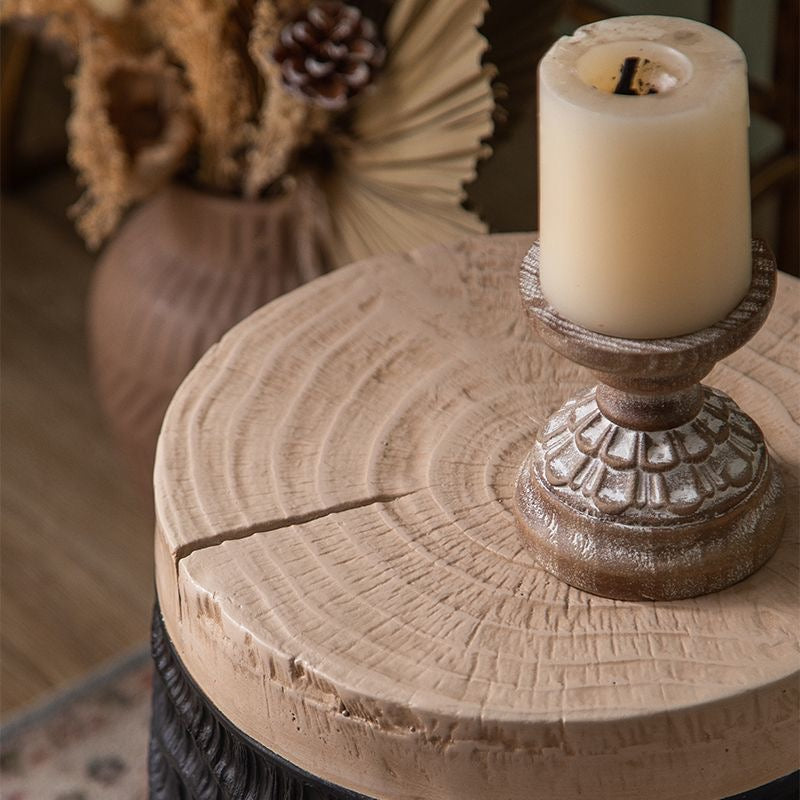 Textured Solid Wood Side Table – Natural Top & Sculpted Base