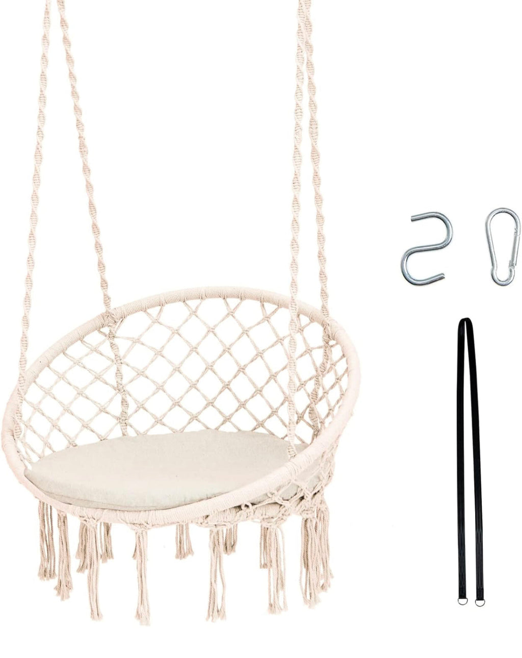 Bohemian Macrame Hammock Chair with Cushion - Indoor/Outdoor Hanging Rope Swing with Hardware Kit & Strap