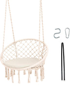 Bohemian Macrame Hammock Chair with Cushion - Indoor/Outdoor Hanging Rope Swing with Hardware Kit & Strap