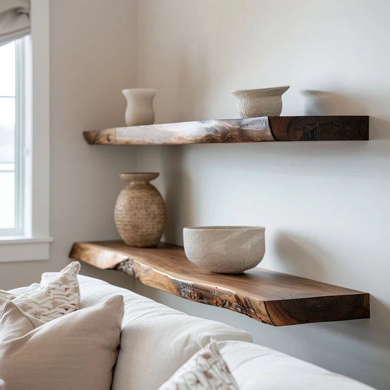 Live Edge Floating Wood Shelf – Rustic Natural Solid Wood Wall Shelf