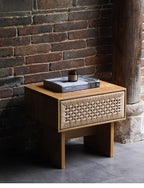 Handwoven Rope Front Wooden Nightstand – Mid-Century Natural Solid Wood Bedside Table