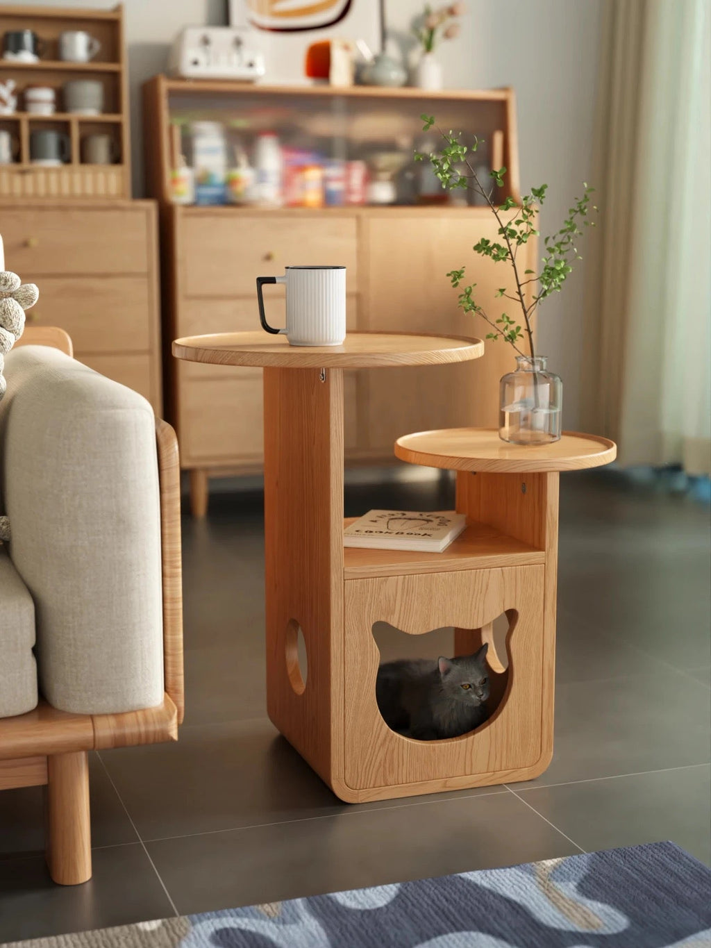 Multi-Level Wooden Side Table with Built-In Cat House – Stylish and Functional Pet-Friendly Furniture