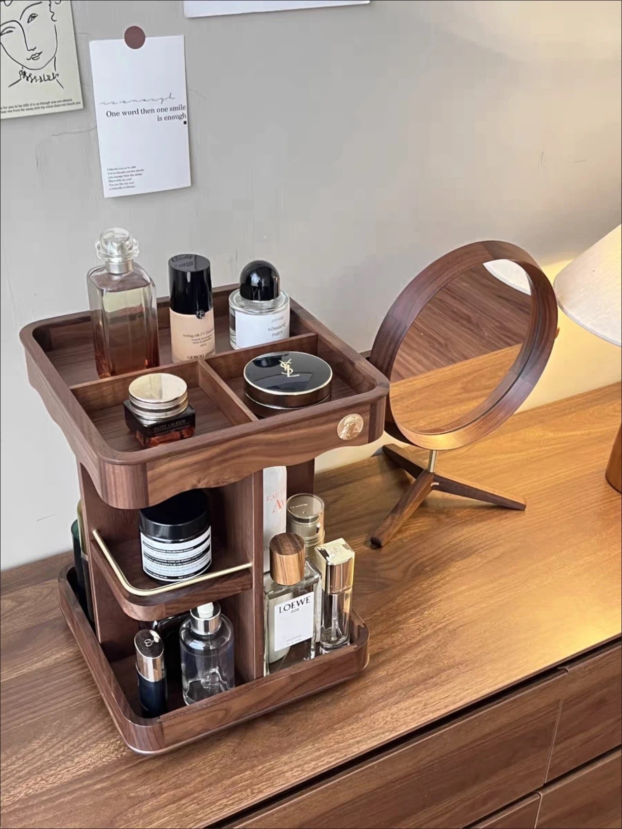 Vintage 360° Rotating Wooden Makeup Organizer – Elegant Vanity Storage with Carved Accents