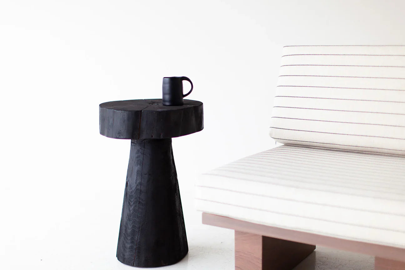Charred Black Wood Side Table – Sculptural Solid Wood Accent Stool