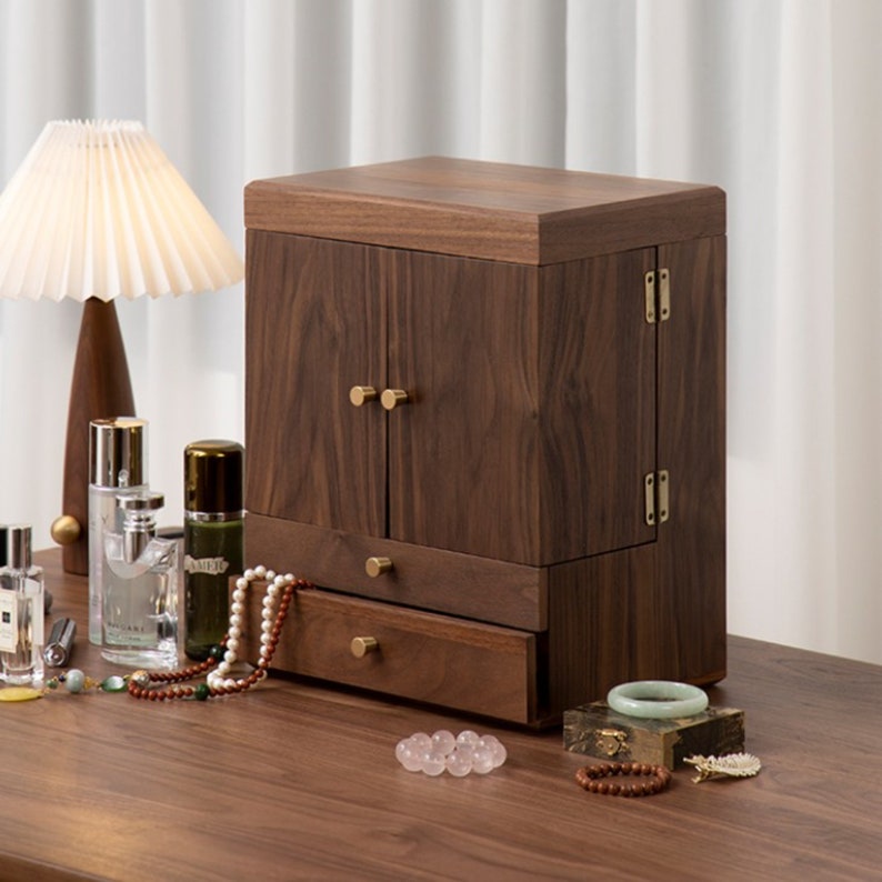 Luxury Solid Walnut Makeup Organizer Box with Drawers and Mirror – Elegant Vanity Storage Cabinet for Jewelry, Cosmetics & Beauty Essentials