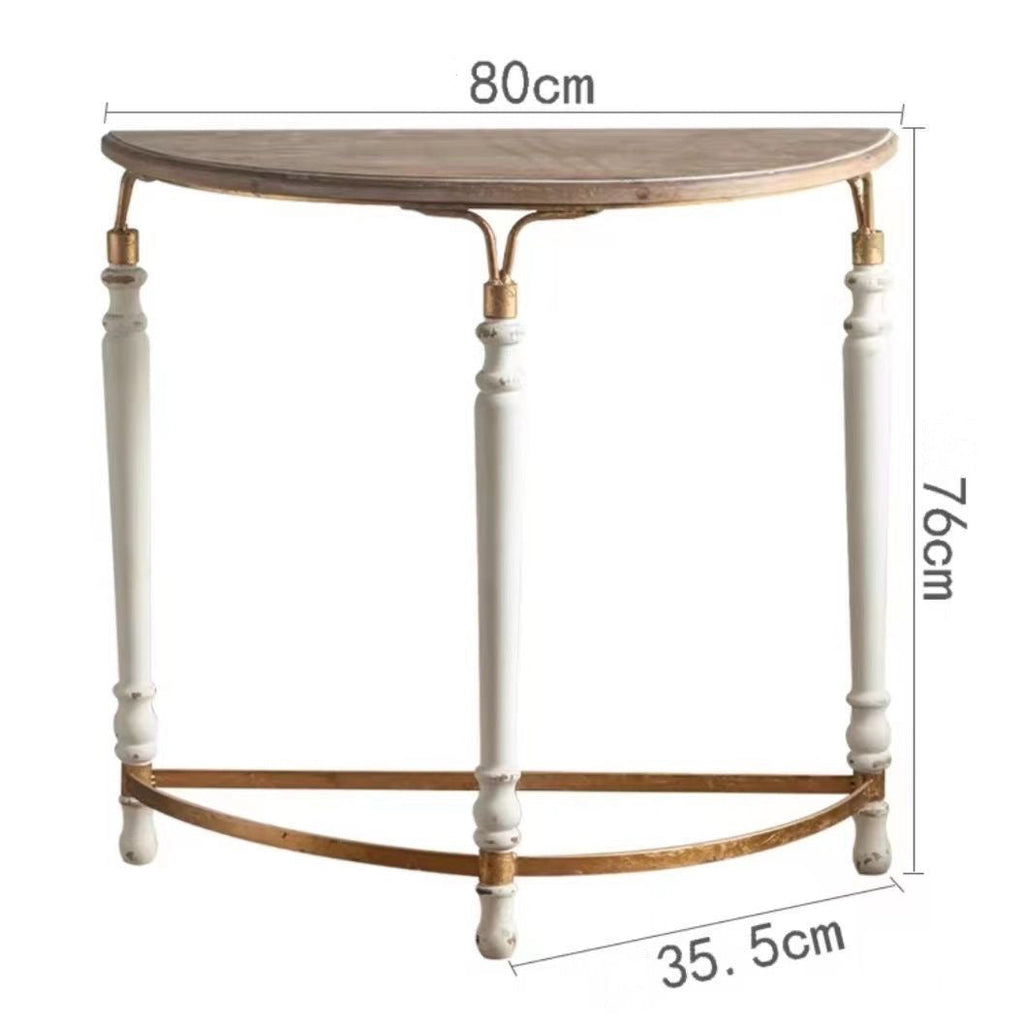 Rustic Wooden Half-Moon Round Corner Entryway Table with Iron Detailing