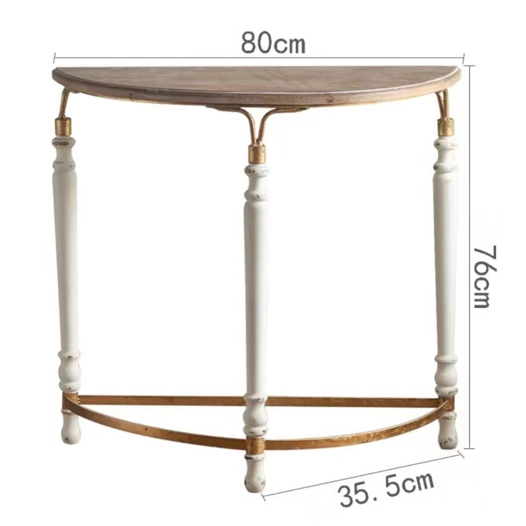 Rustic Wooden Half-Moon Round Corner Entryway Table with Iron Detailing