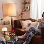 Modern Sculptural Wood Floor Lamp with Tall Linen Shade – Ambient Lighting for Living Room & Bedroom