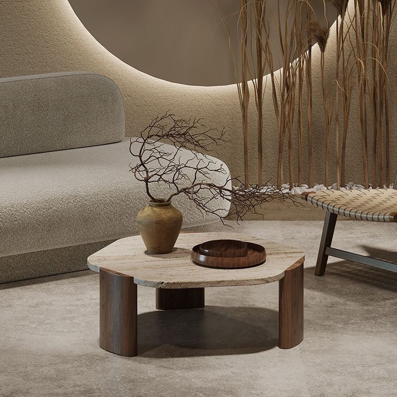 Modern Travertine Coffee Table with Walnut Legs
