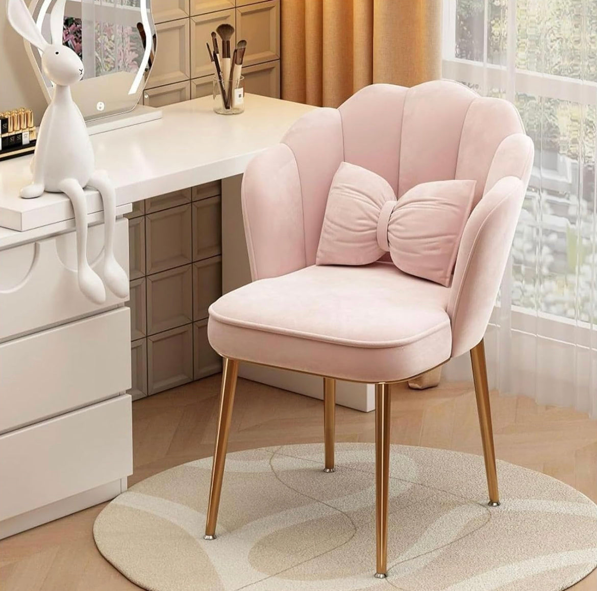Floral Vanity Chair Soft Accent Chair Accent Chaise Chair for Living Room/Bed Room Shell Shape Vanity Chairs with Petal Metal Legs Stylish and Functional