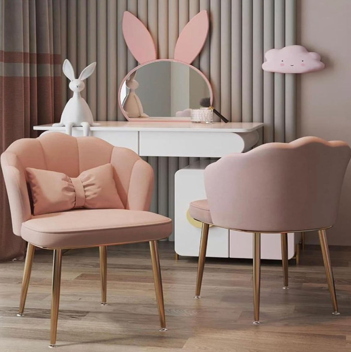 Floral Vanity Chair Soft Accent Chair Accent Chaise Chair for Living Room/Bed Room Shell Shape Vanity Chairs with Petal Metal Legs Stylish and Functional