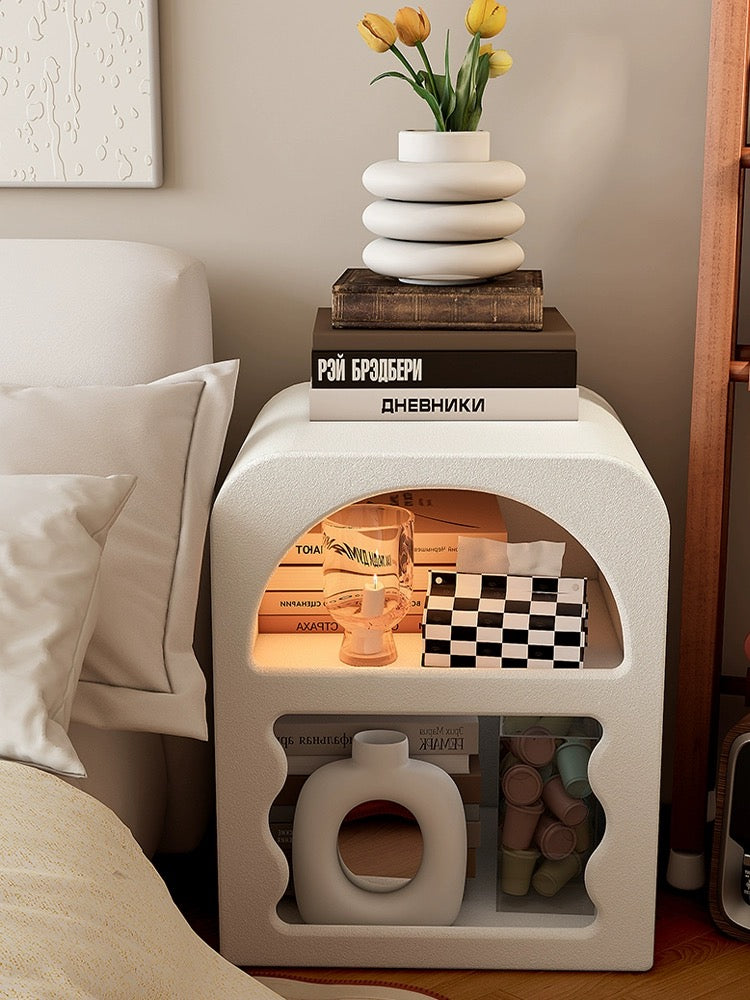 Boho White Side Table Wavy Storage Shelf from Ausique Decor