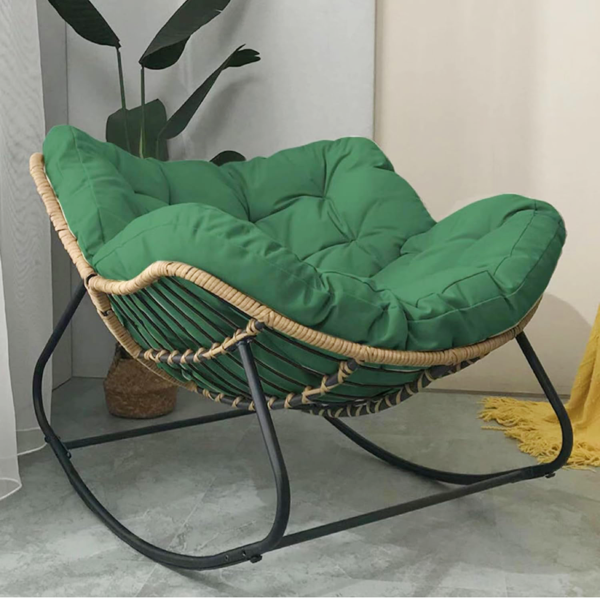 Oversized Outdoor Papasan Rocking Chair with Soft Cushion | Rattan Frame Lounge Chair for Patio & Living Room