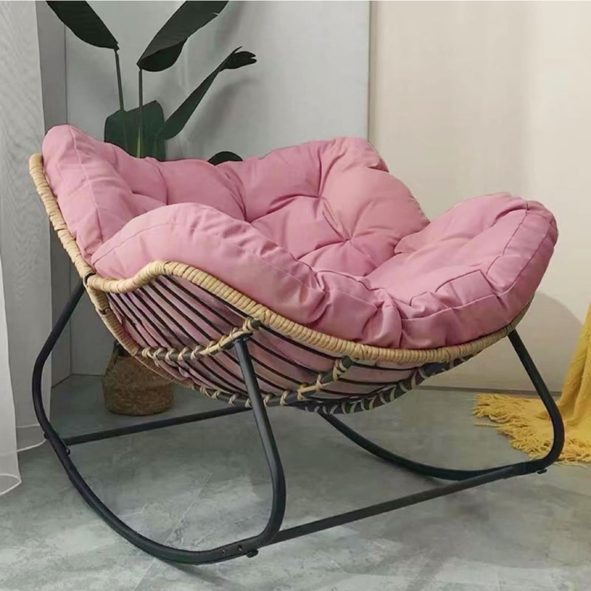 Oversized Outdoor Papasan Rocking Chair with Soft Cushion | Rattan Frame Lounge Chair for Patio & Living Room