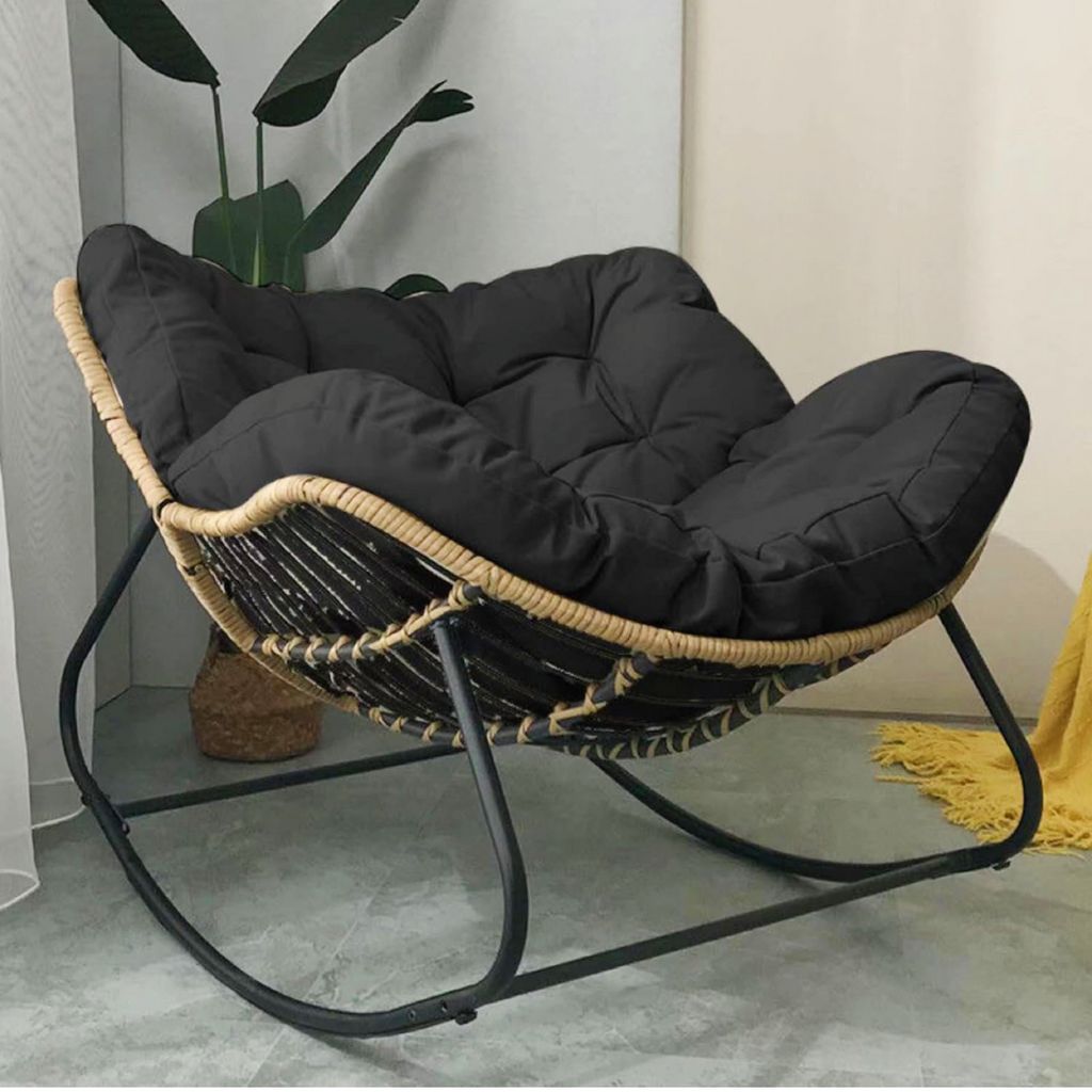 Oversized Outdoor Papasan Rocking Chair with Soft Cushion | Rattan Frame Lounge Chair for Patio & Living Room