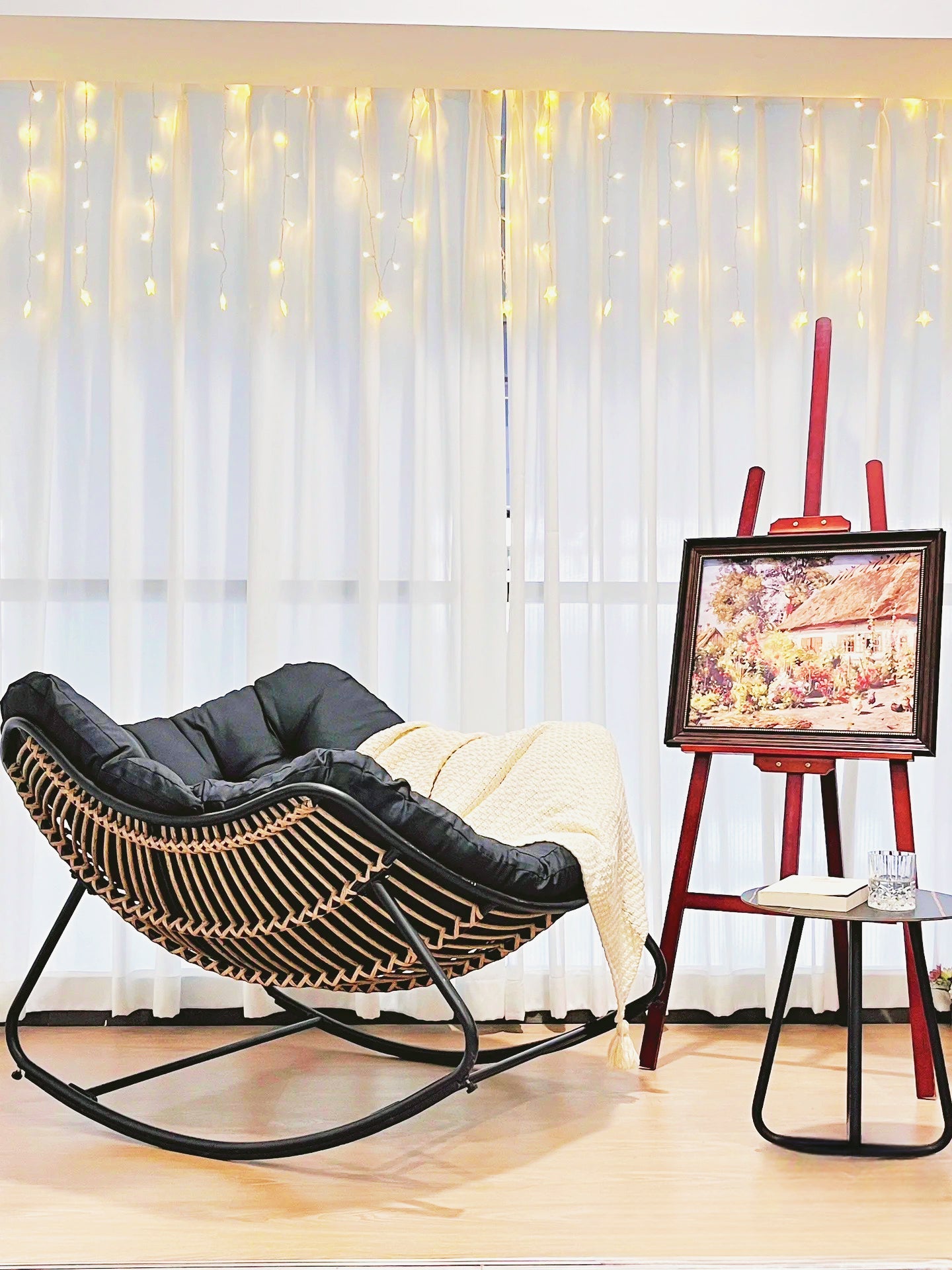 Oversized Outdoor Papasan Rocking Chair with Soft Cushion | Rattan Frame Lounge Chair for Patio & Living Room