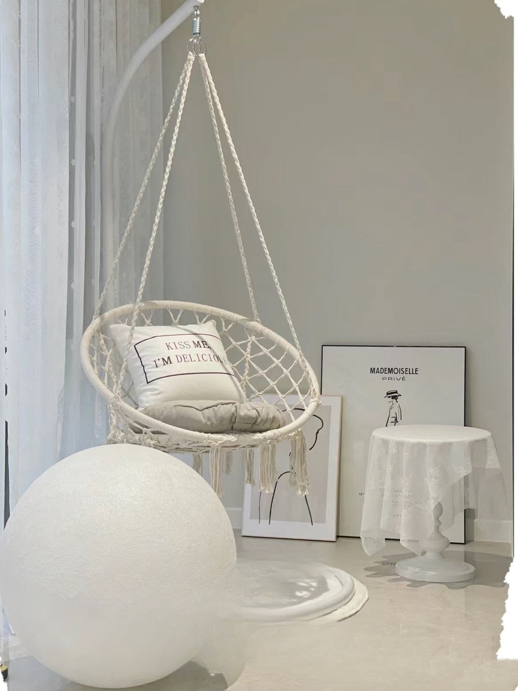 Bohemian Macrame Hammock Chair with Cushion - Indoor/Outdoor Hanging Rope Swing with Hardware Kit & Strap