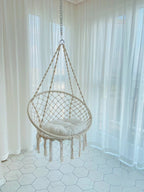 Bohemian Macrame Hammock Chair with Cushion - Indoor/Outdoor Hanging Rope Swing with Hardware Kit & Strap