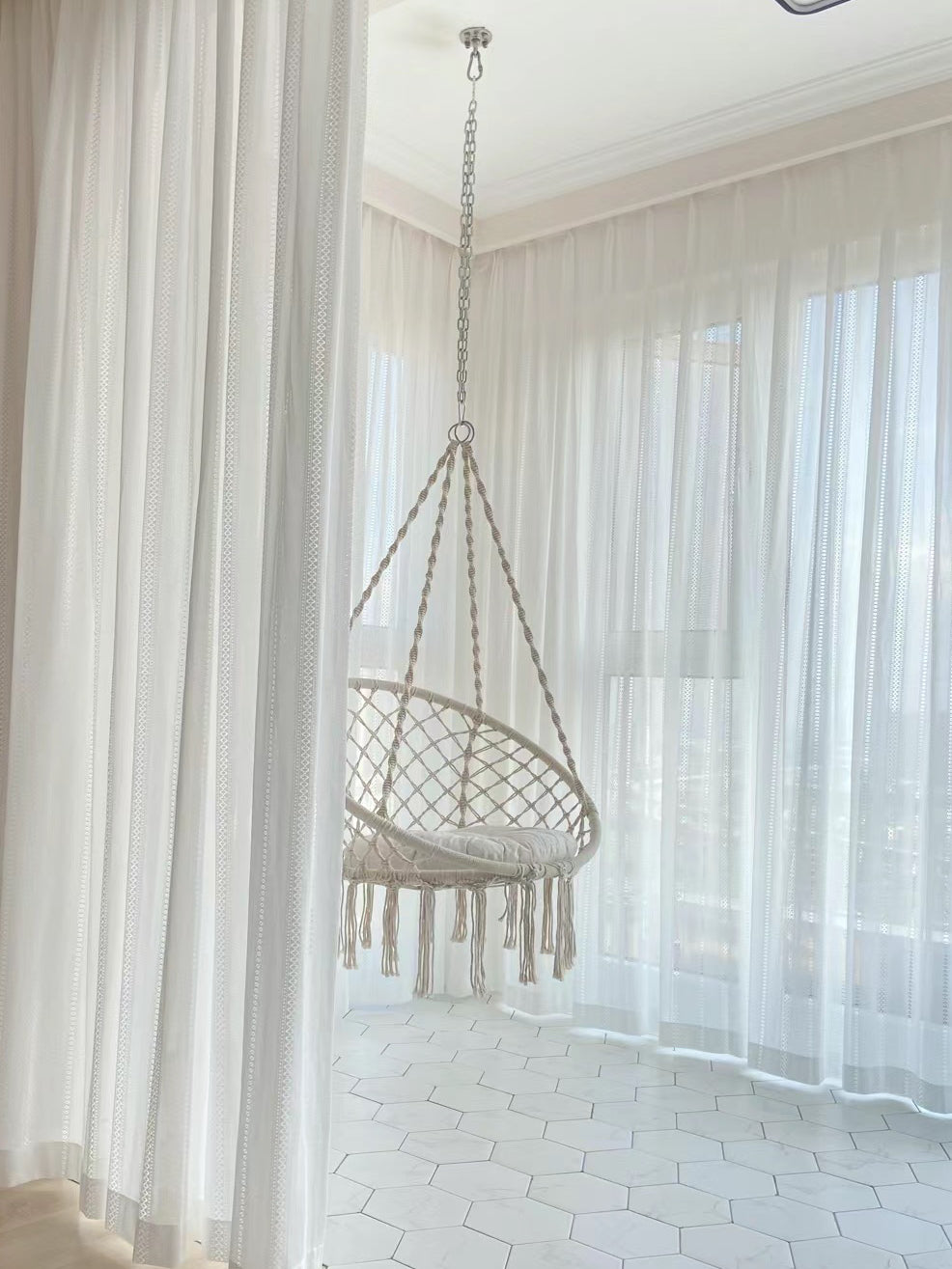 Bohemian Macrame Hammock Chair with Cushion - Indoor/Outdoor Hanging Rope Swing with Hardware Kit & Strap